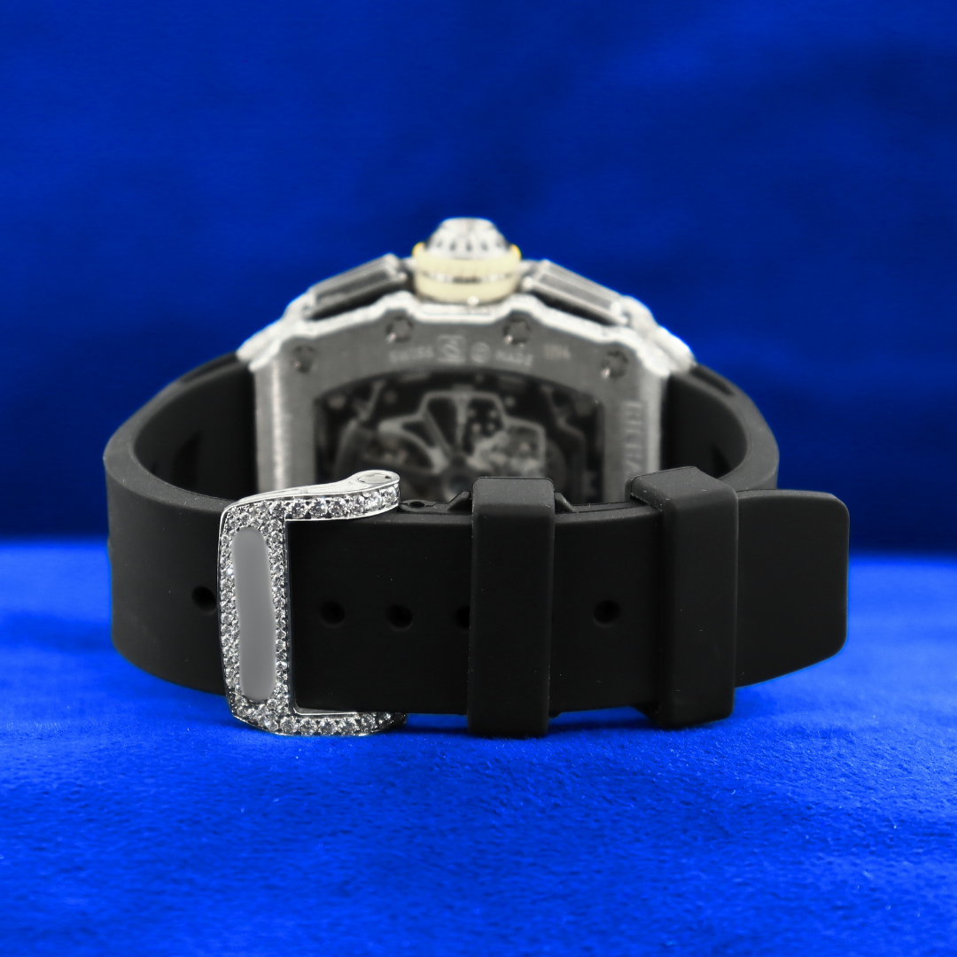 Back view of Iced Phantom – luxury half iced out custom timepiece in 14K white gold with moissanite diamond finish