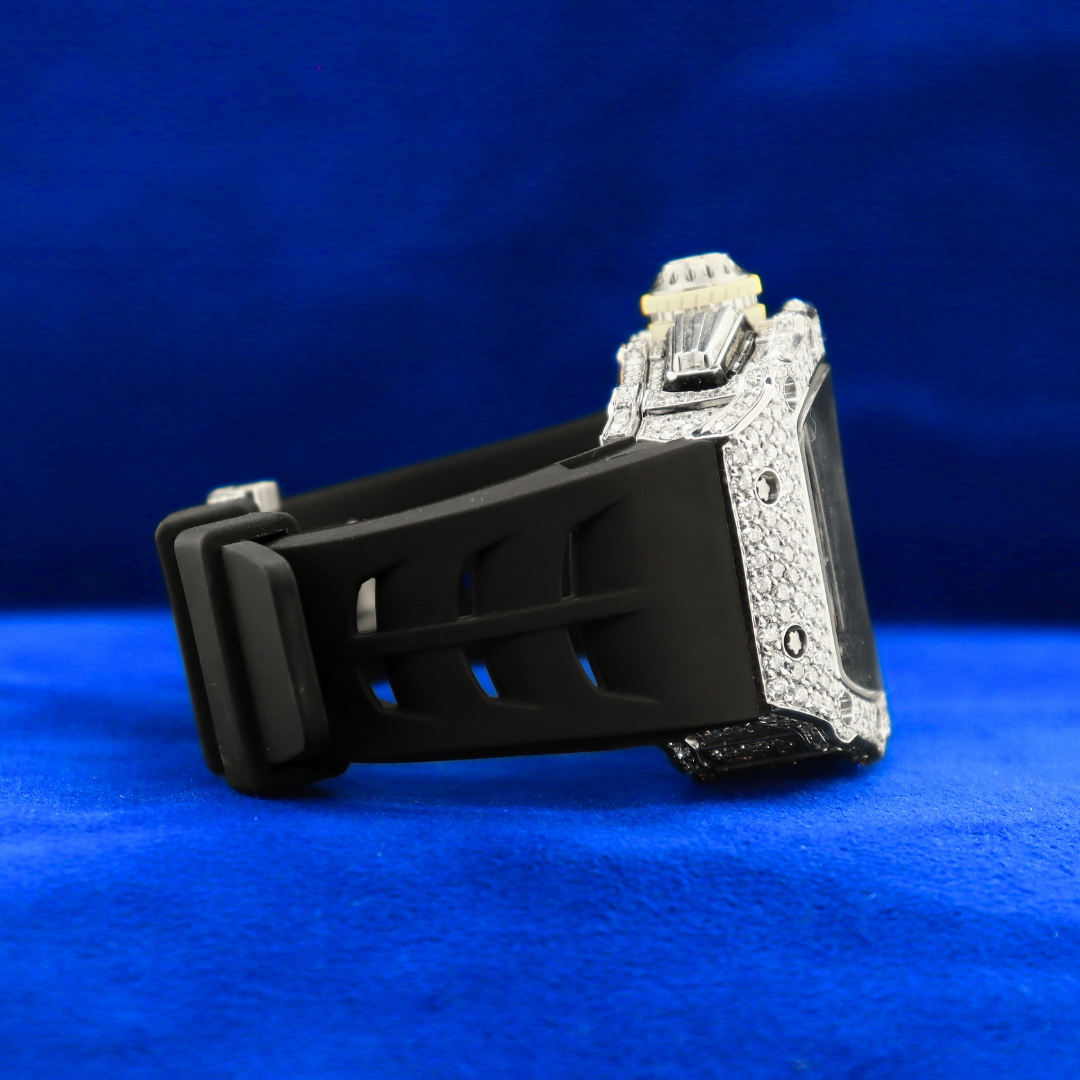 Front view of Iced Phantom watch in 14K white gold with moissanite diamonds – premium half iced out custom design for men and women