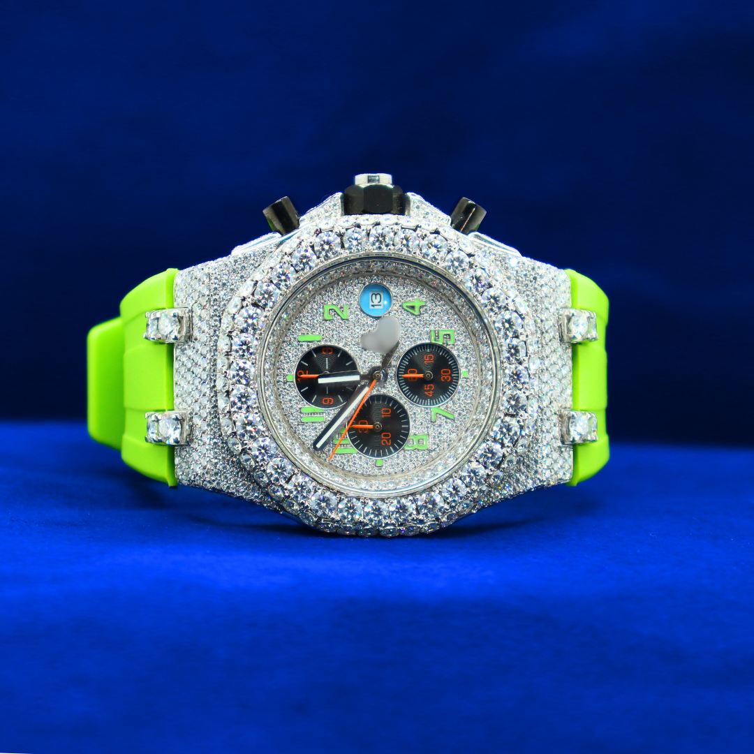Front view of Icy Volt Master in 14K white gold with moissanite diamonds – half iced out custom watch with luxury shine