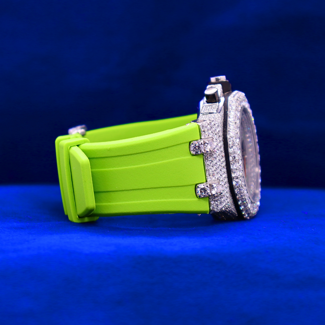 Right angle showing half iced out moissanite diamond design on Icy Volt Master 14K white gold custom watch