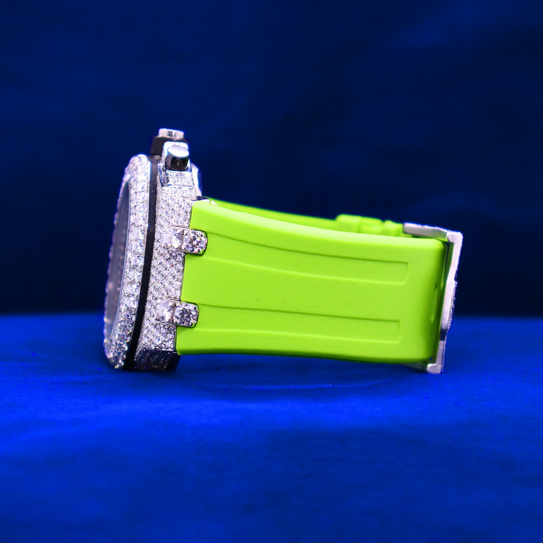 Left side view of Icy Volt Master custom watch in 14K white gold with moissanite stones – half iced luxury watch