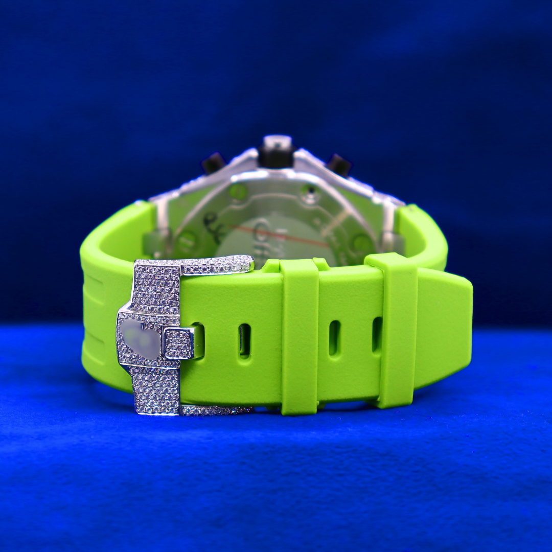 Back of Icy Volt Master 14K white gold watch showing custom detail – half iced out moissanite diamond design