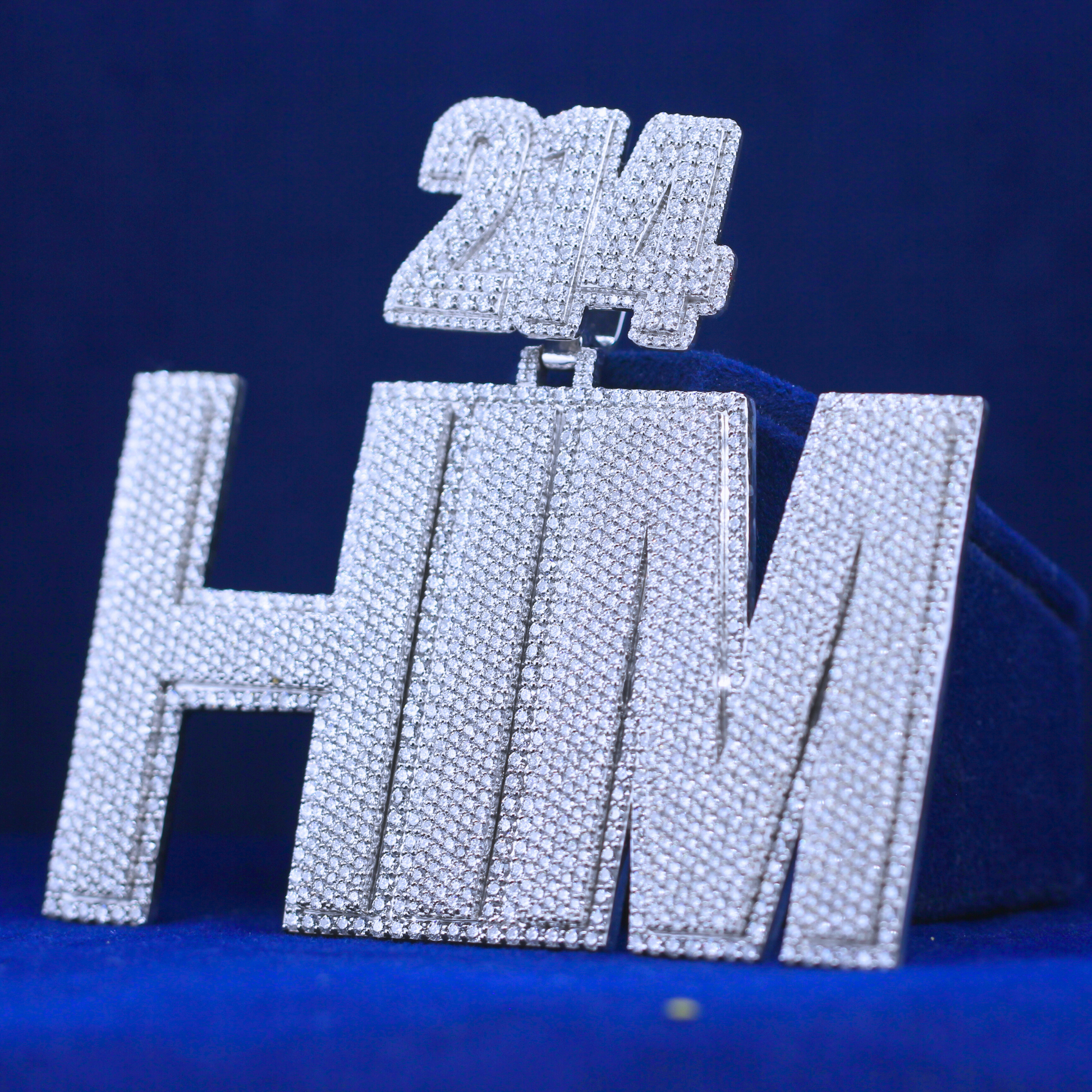Left angle of Iced 214 HIM Pendant with custom moissanite diamonds in white gold – hip hop style iced jewellery