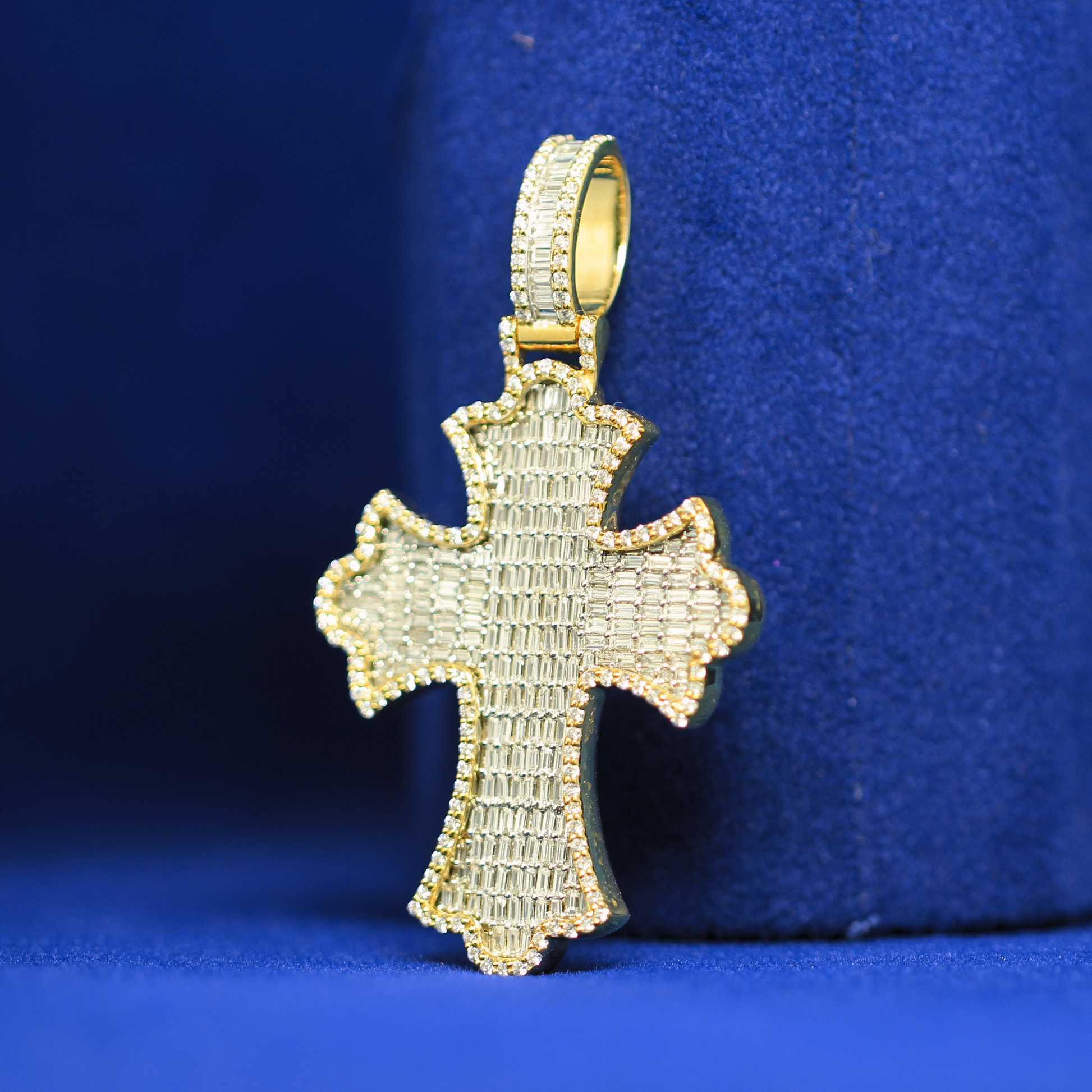 Left angle of Iced Jesus Cross Pendant with 14K white gold and moissanite diamonds – luxury iced out piece for men and women