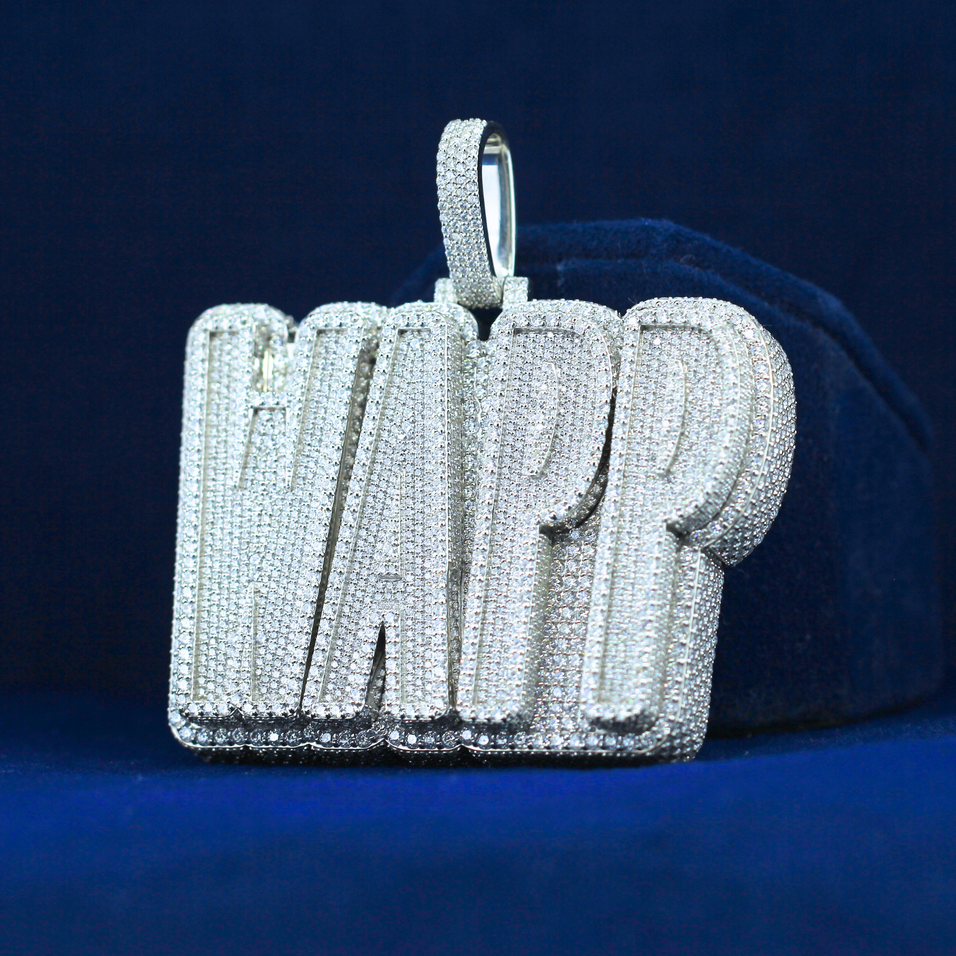 Left view of WAPP custom letter pendant in 14K white gold – iced moissanite diamond jewellery for men & women