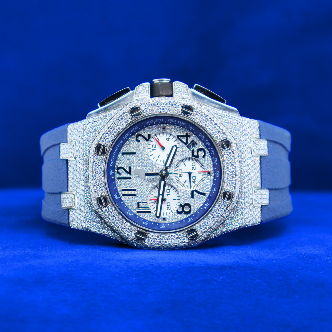 Front view of Luxury Black Chronograph Ap inspire style Watch – half iced out custom design with 14K white gold and moissanite diamonds for a luxury hip hop vibe