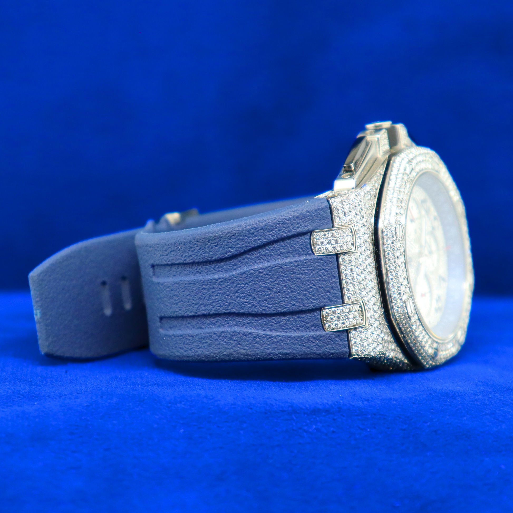 Right side angle of Luxury Black Chronograph – custom iced watch in 14K white gold and moissanite diamonds with black-on-black flex appeal