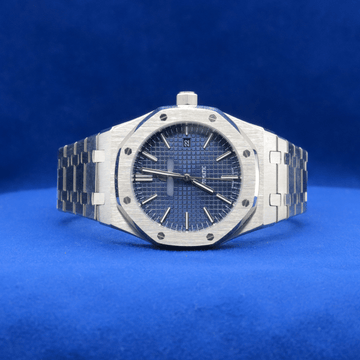 Front view of Luxury Blue Dial Masterpiece plain stainless steel watch with a bold and modern design.