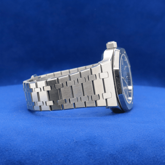 Right-side view of Luxury Blue Dial Masterpiece stainless steel watch, featuring a sleek and timeless look.