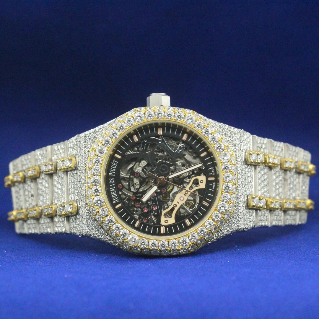 Front view of Men’s Hip Hop Skeleton Luxury Watch with Moissanite diamonds – Custom iced-out watch