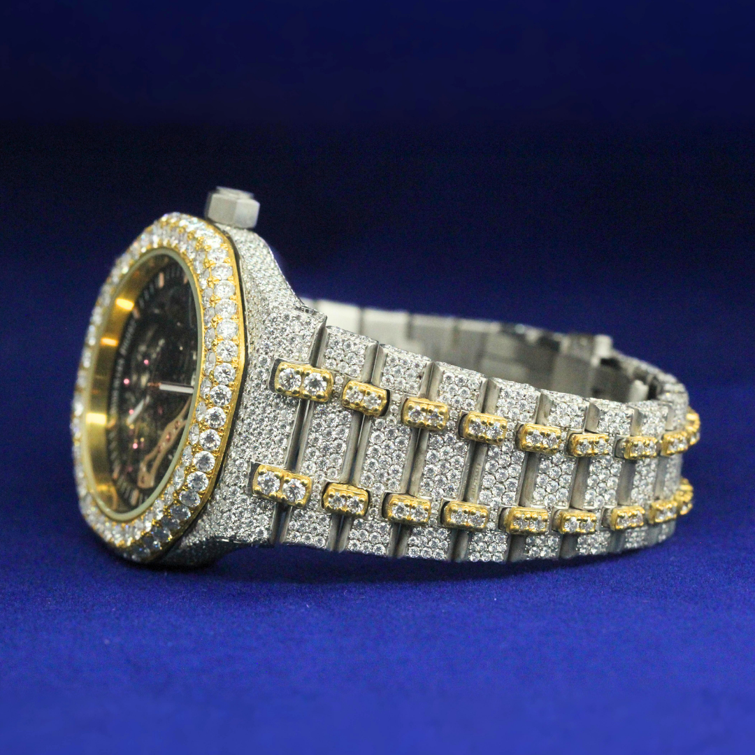Left side view of Men’s Hip Hop Skeleton Luxury Watch with Moissanite diamonds – Custom iced-out watch