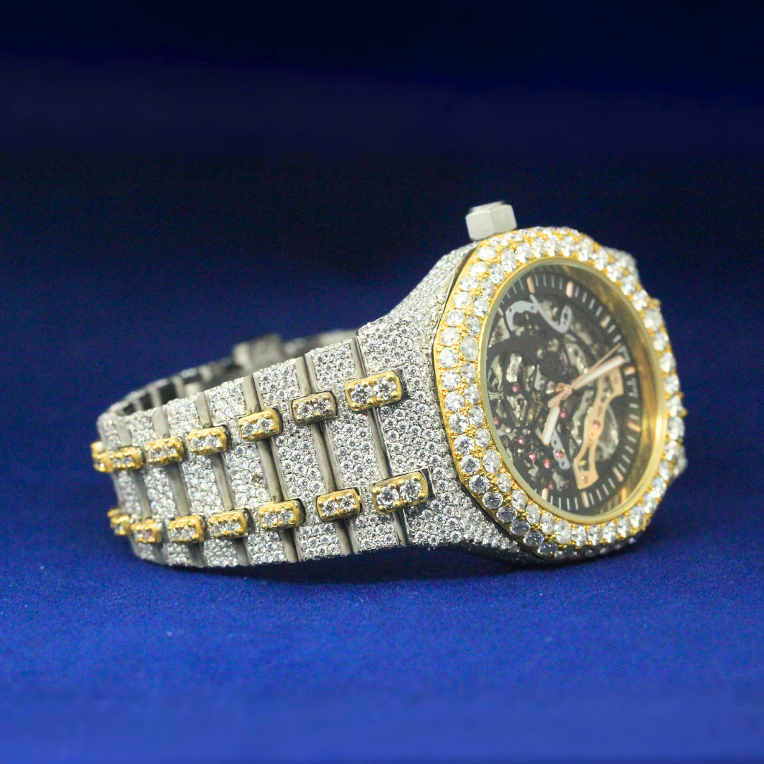 Right side view of Men’s Hip Hop Skeleton Luxury Watch with Moissanite diamonds – Custom iced-out watch