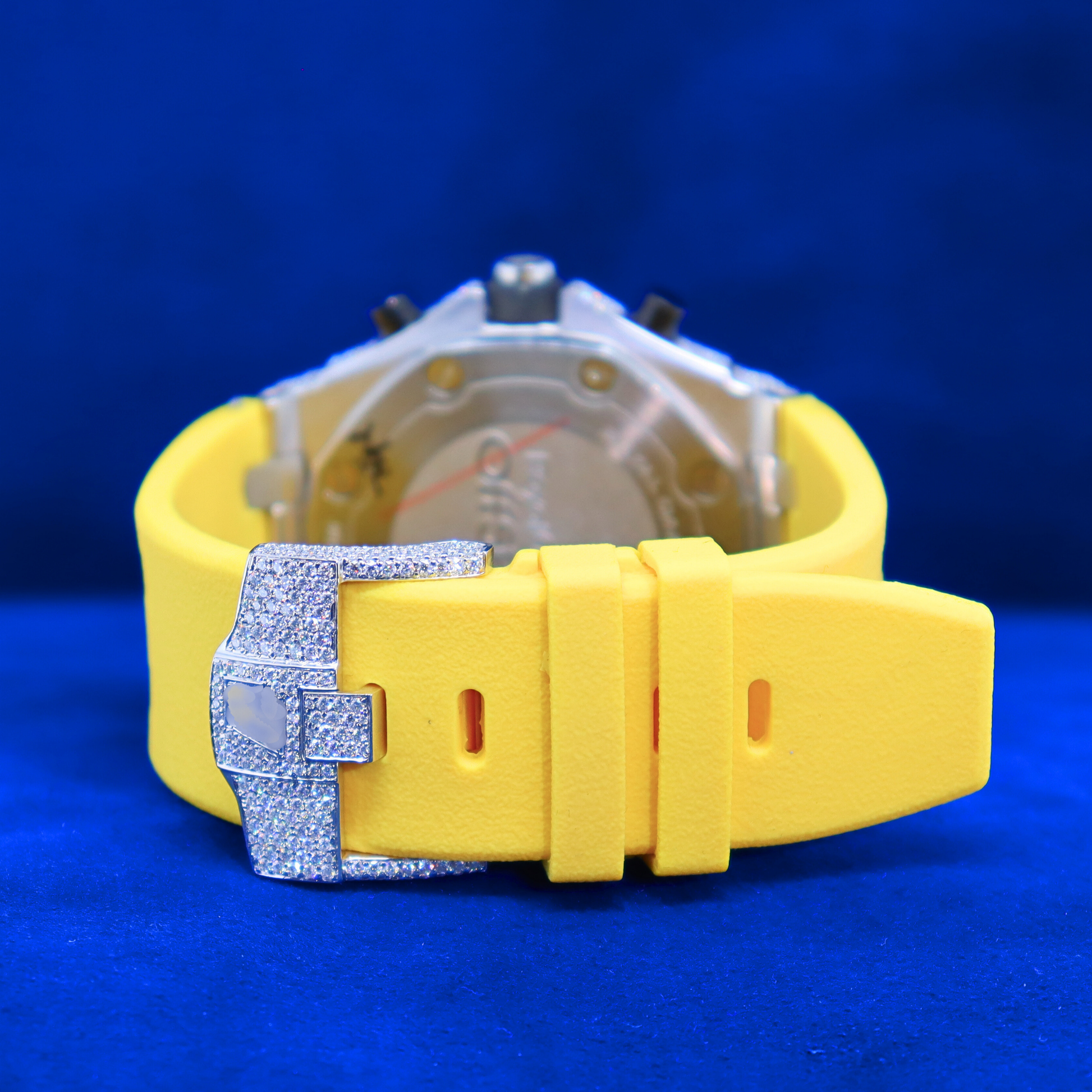Back view of Midnight Glacier Phantom – custom watch in 14K white gold with iced moissanite diamonds, showcasing premium back finish