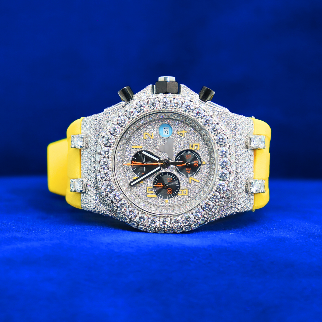 Front view of Midnight Glacier Phantom in 14K white gold with moissanite diamonds – luxury half iced out custom watch with black strap