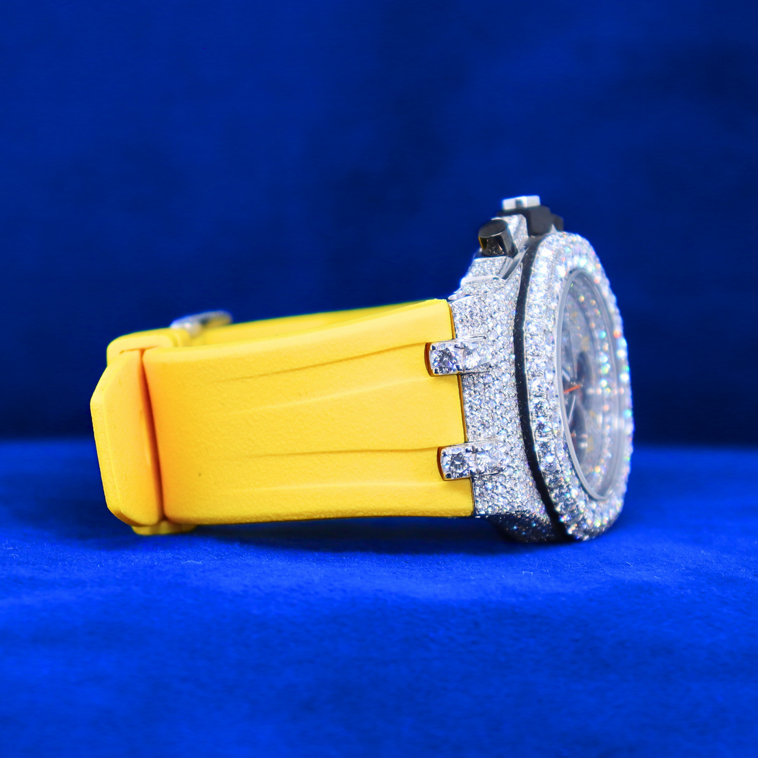 Front view of Midnight Glacier Phantom in 14K white gold with moissanite diamonds – luxury half iced out custom watch with black strap