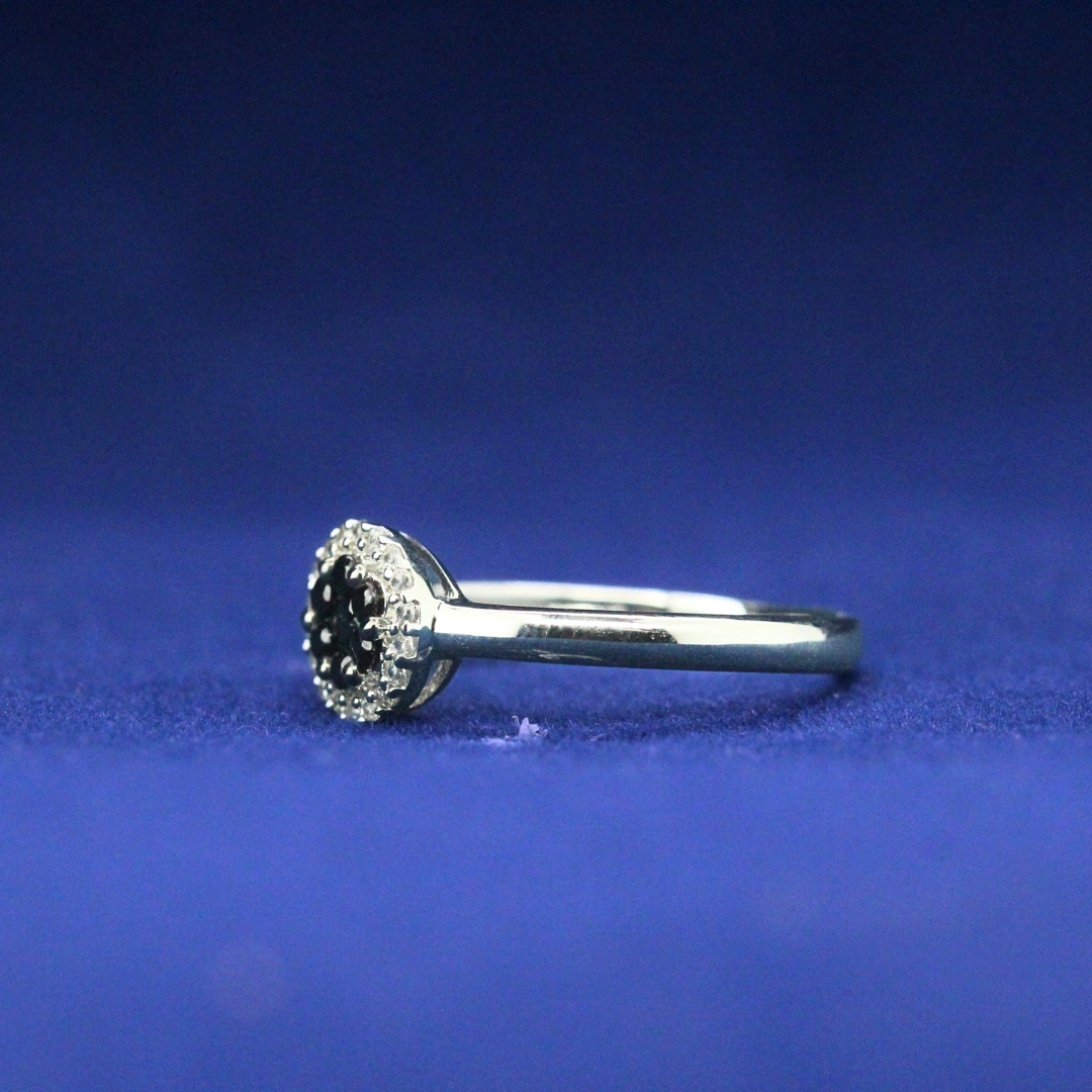 Left side view of Midnight Halo Ring with Moissanite diamonds – Fine jewelry