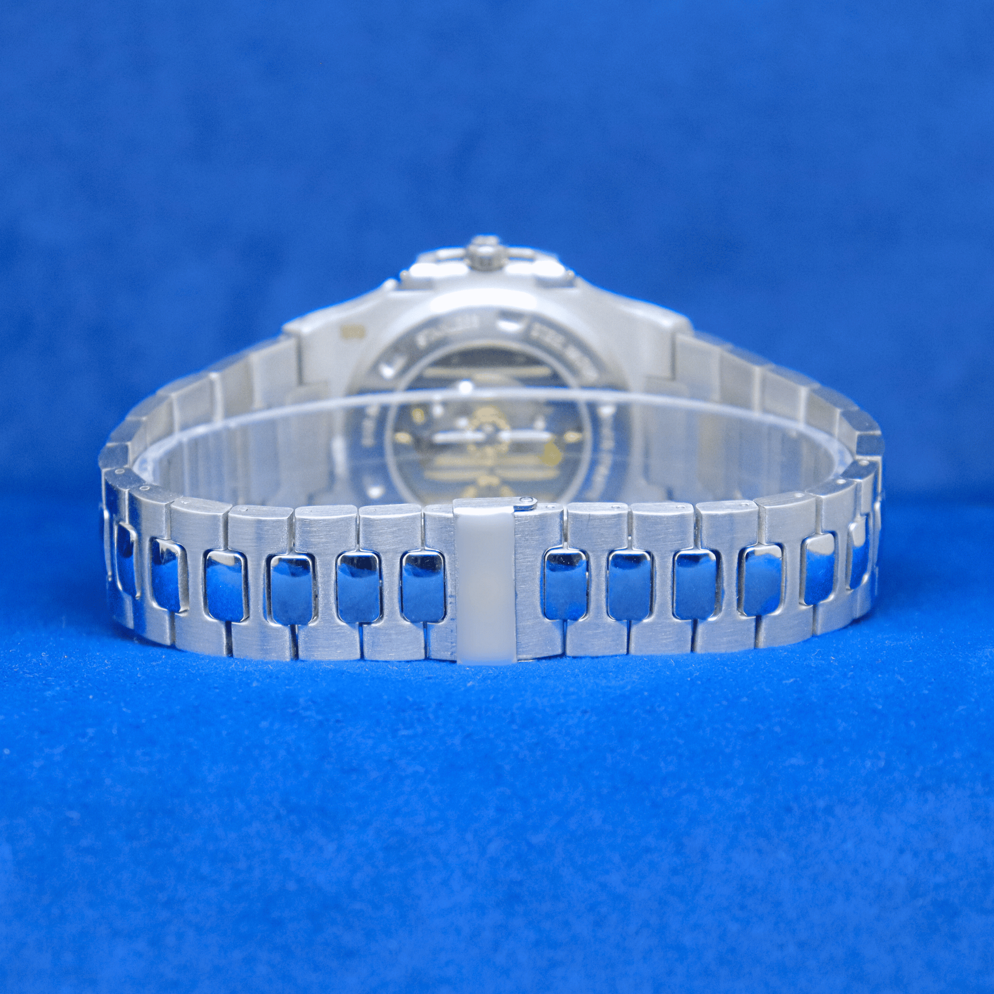 Back view of Nautilus Master Chrono stainless steel watch, showcasing premium craftsmanship.