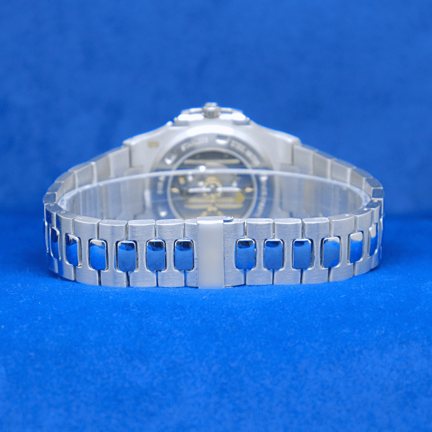 Back view of Nautilus Master Chrono stainless steel watch, showcasing premium craftsmanship.