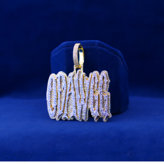 "Left side view showcasing the Odawgg Iced Pendant, crafted in 14K silver with moissanite stones, matching half iced out custom watch vibes."