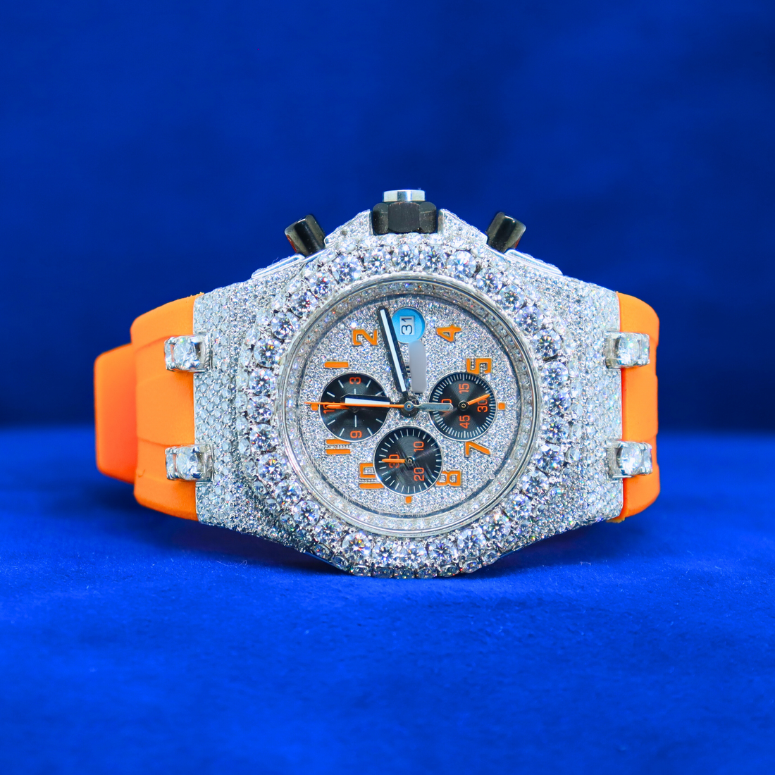 Front view of Orange Iced Blaze Phantom watch in 14K white gold with moissanite diamonds – bold hip hop watch, half iced out and custom flex