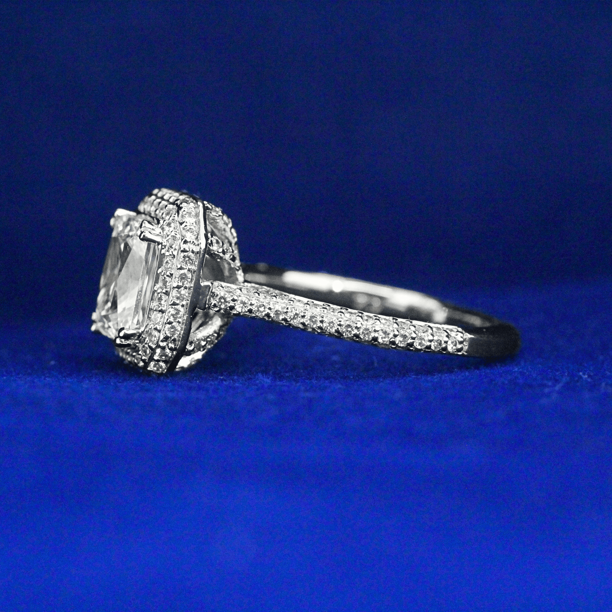 Left side view of Pavé-Set Radiant Cut Diamond Ring with Moissanite diamonds – Fine jewelry