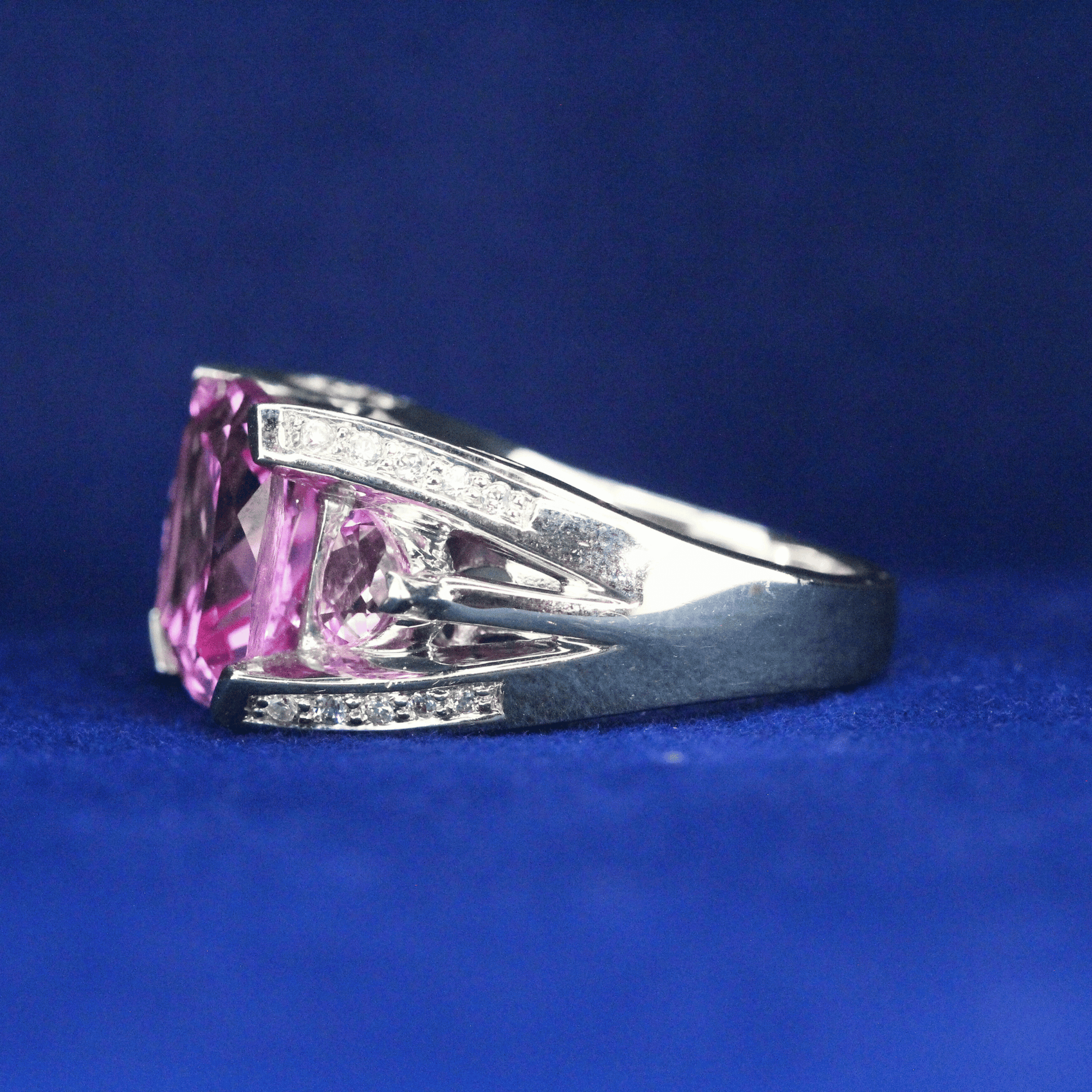 Left side view of Pink Cushion Zirconia Ring – Fine jewelry
