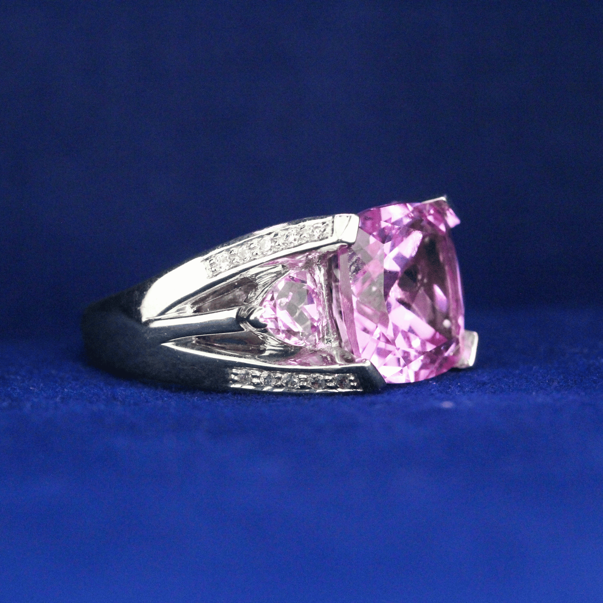 Right side view of Pink Cushion Zirconia Ring – Fine jewelry