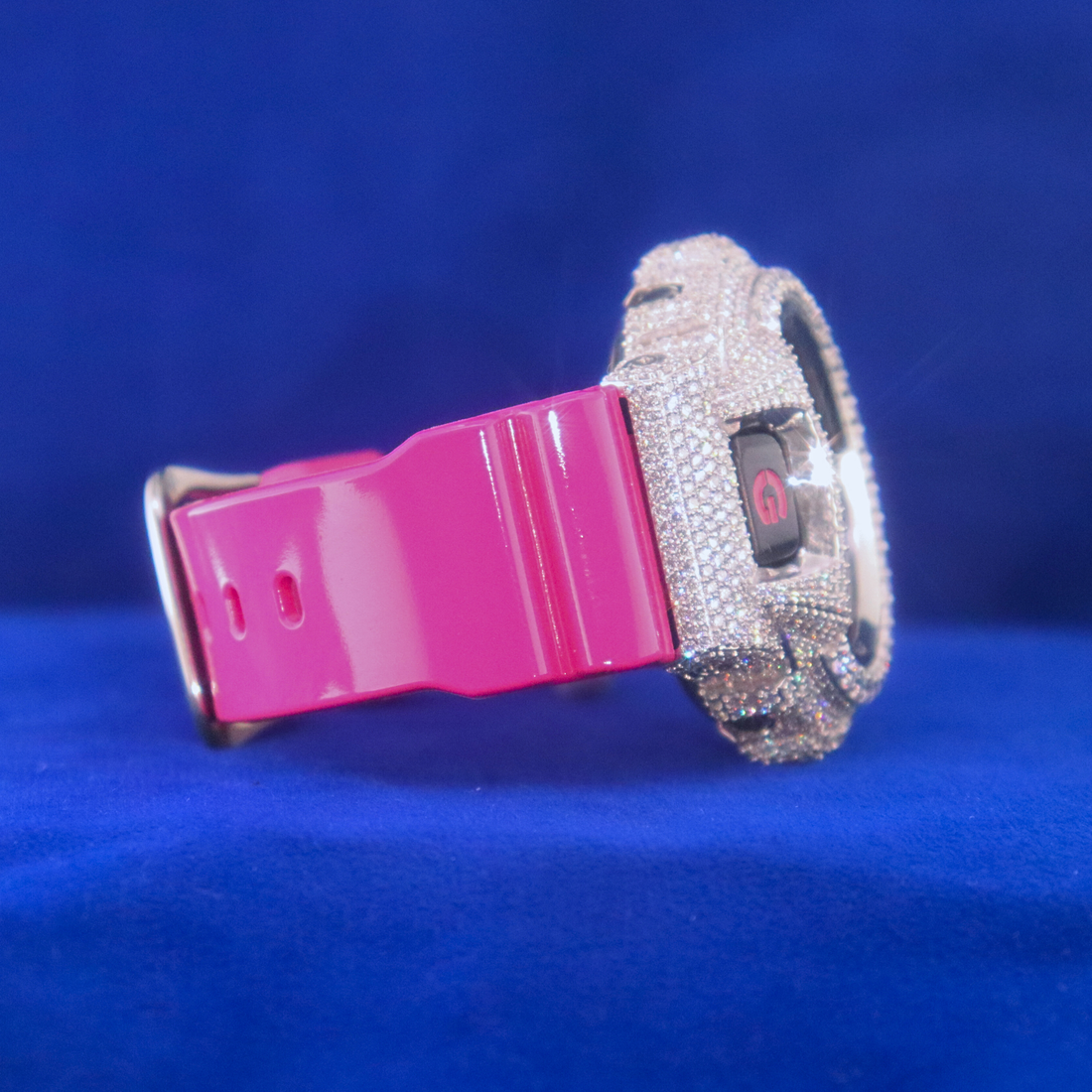 Front view of Pink Frost Phantom Blaze – digital half iced out custom watch with moissanite diamonds and 14K white gold