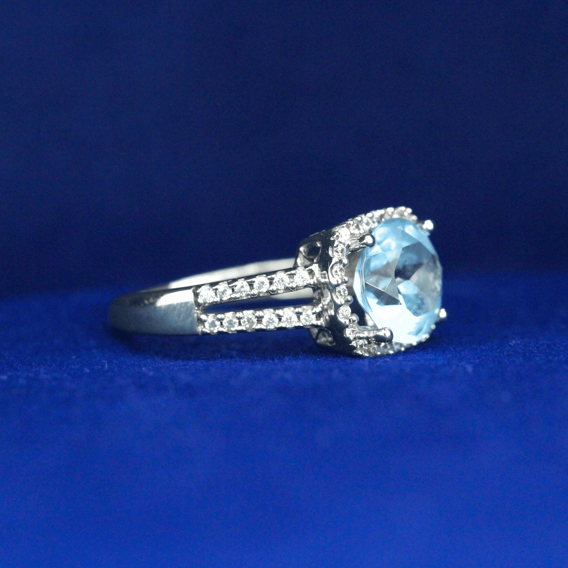 Right side view of Princess Cut Swiss Blue Topaz Ring – Fine jewelry