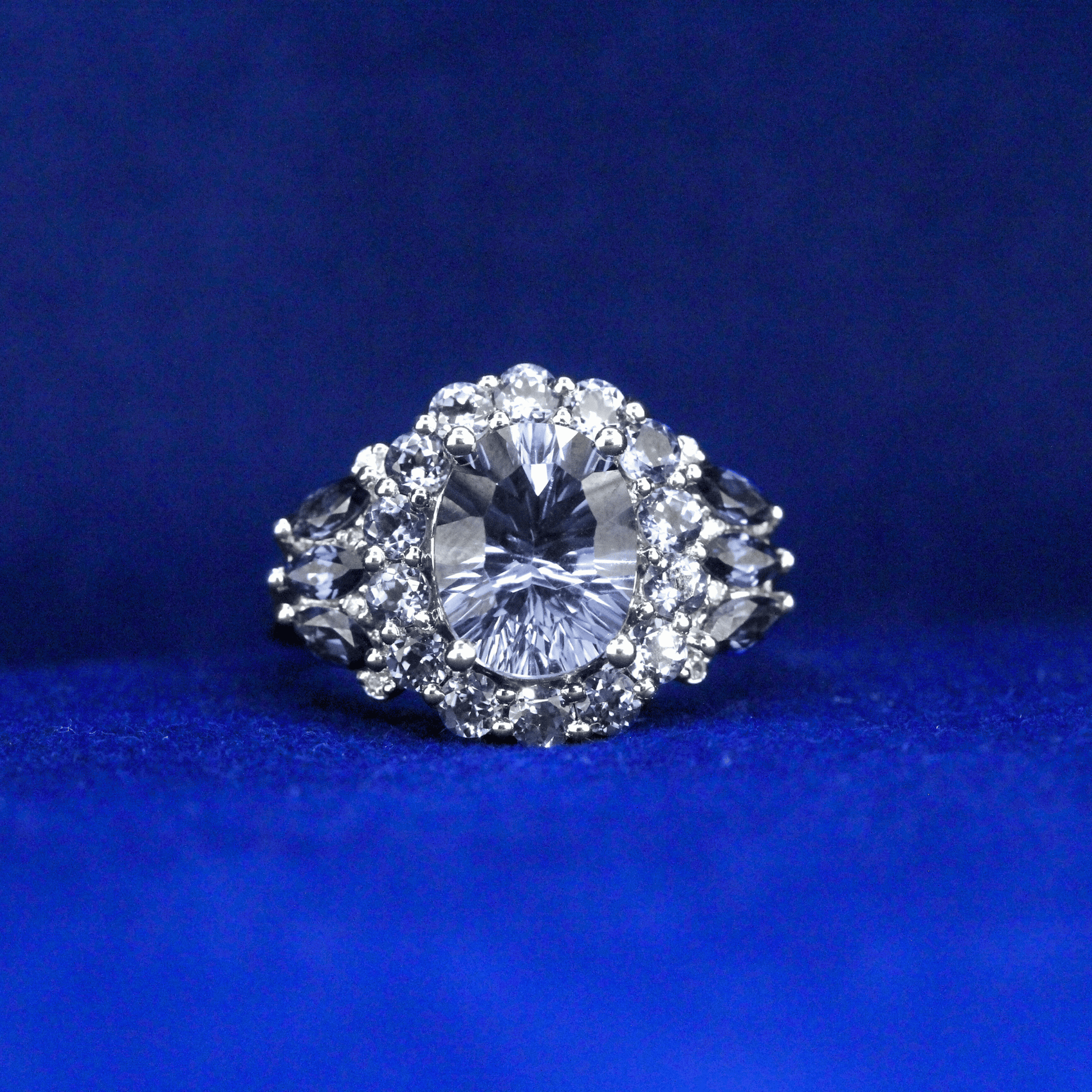 Front view of Radiant Sunburst Oval Diamond Ring with Moissanite diamonds – Fine jewelry