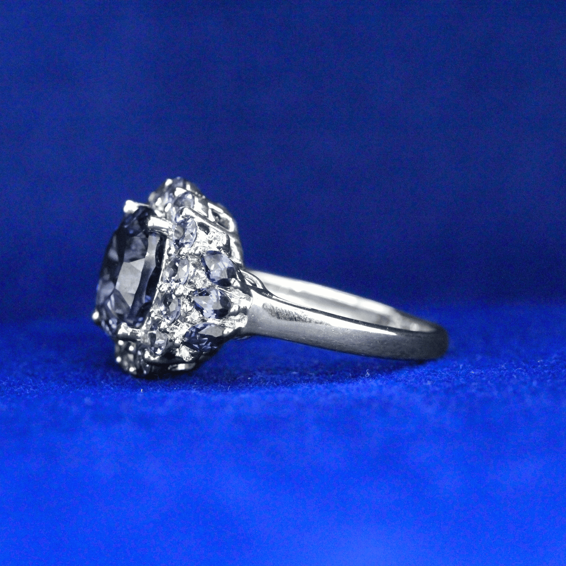Left side view of Radiant Sunburst Oval Diamond Ring with Moissanite diamonds – Fine jewelry