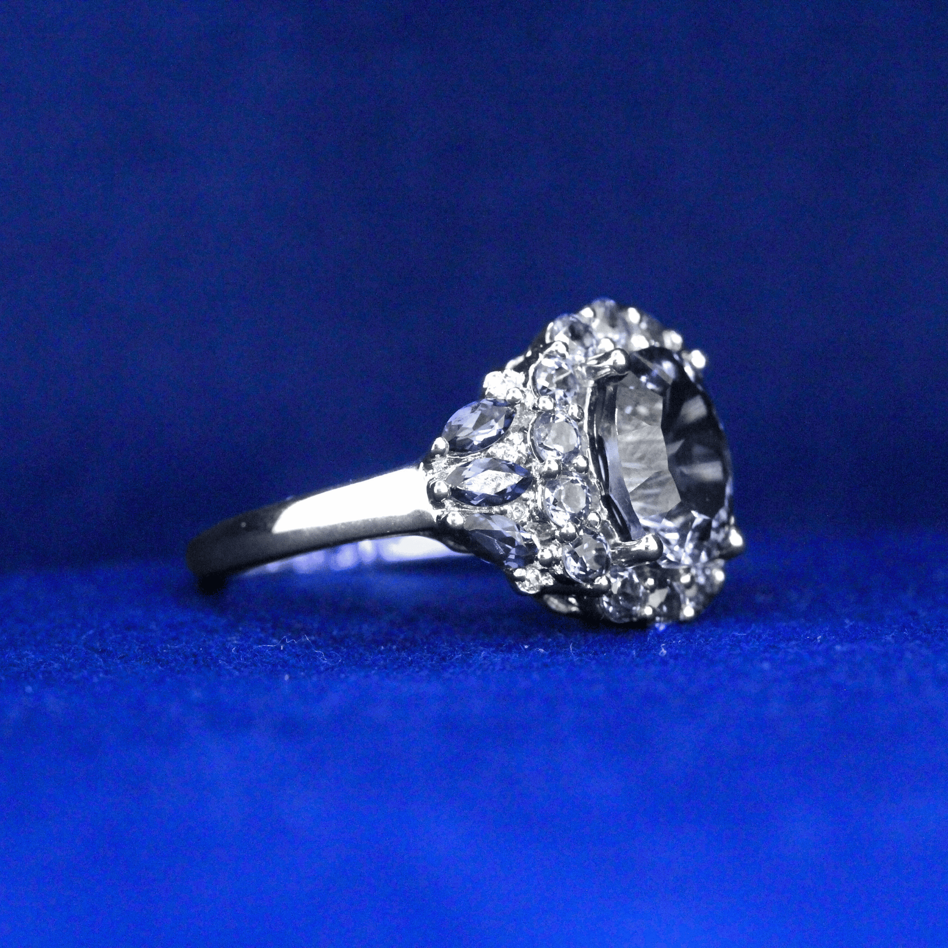 Right side view of Radiant Sunburst Oval Diamond Ring with Moissanite diamonds – Fine jewelry