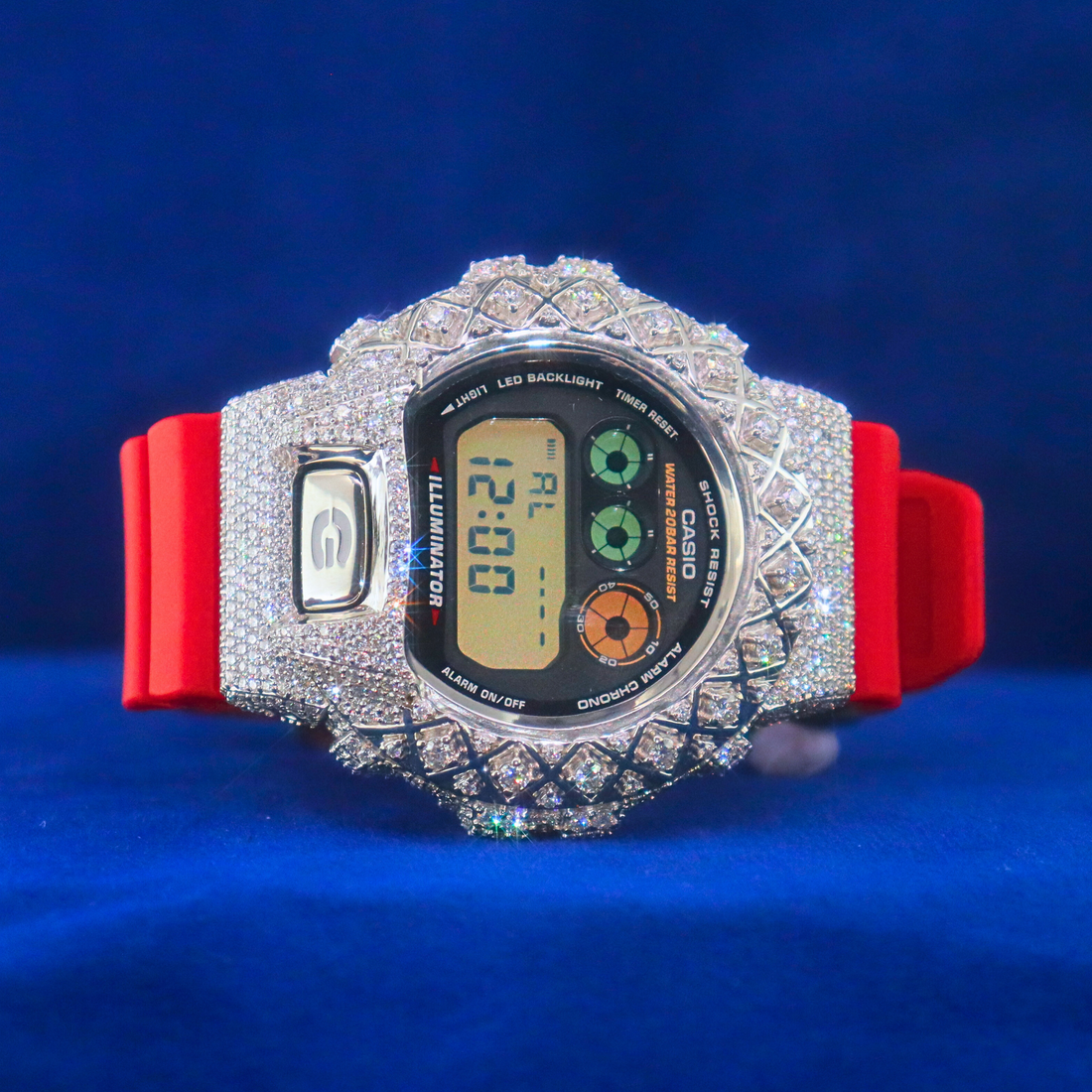 Front view of Red Digital Iced Phantom Blaze in 14K white gold with moissanite diamonds – custom half iced out digital watch with red heat