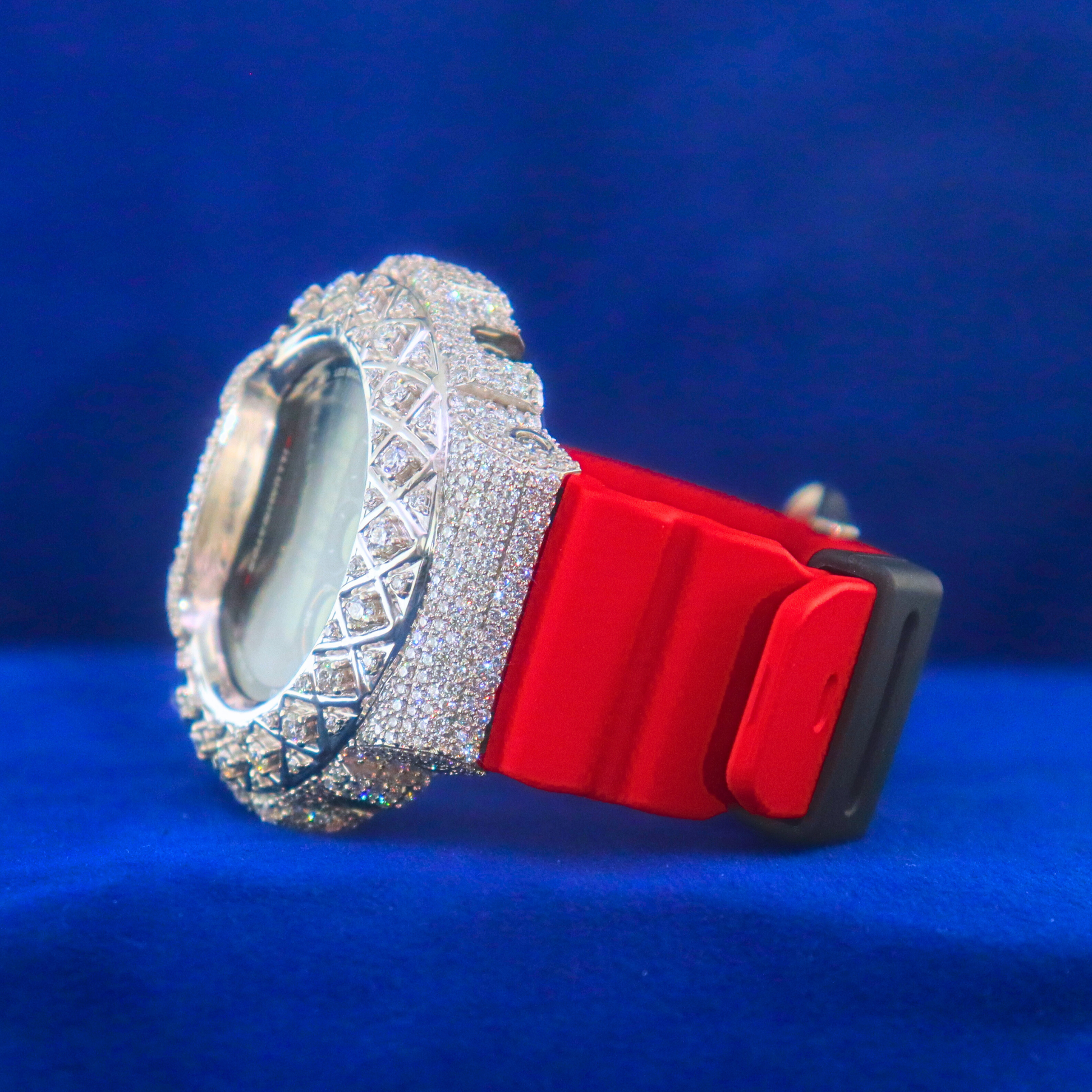 Left view of Red Digital Iced Phantom Blaze – half iced out custom watch in 14K white gold with moissanite diamond drip and digital vibes