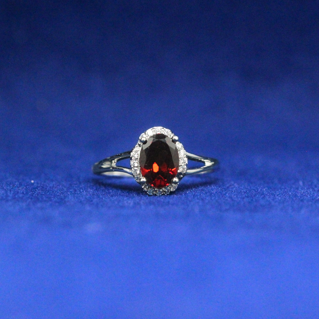 Front view of Red Gemstone Halo Ring with Moissanite diamonds – Fine jewelry