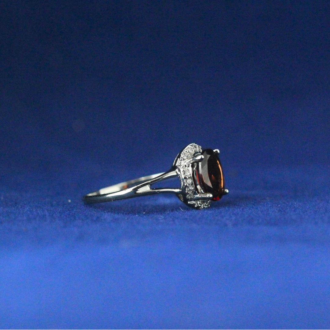 Right side view of Red Gemstone Halo Ring with Moissanite diamonds – Fine jewelry