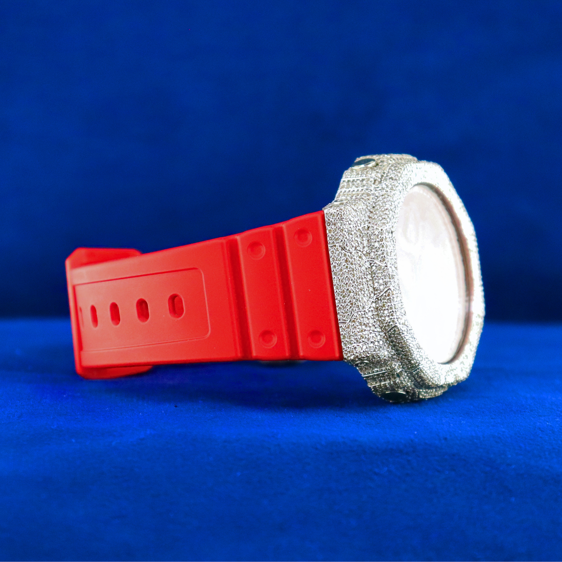 Front view of Red Iced Phantom customize – half iced out custom digital watch in bold red, flooded with moissanite diamonds and 14K white gold finish