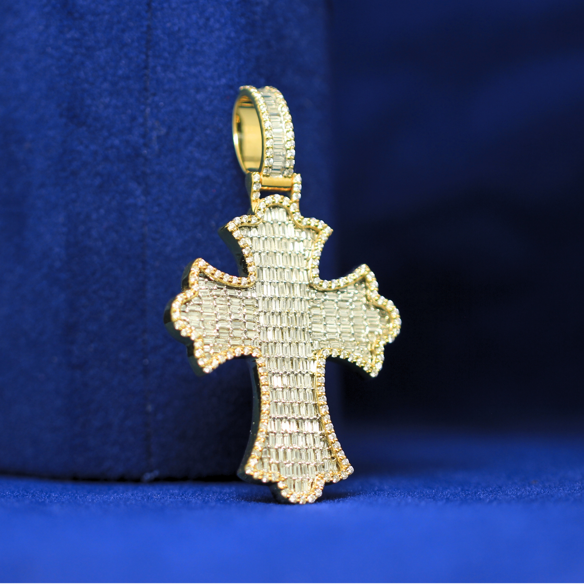 Right side of the Iced Jesus Cross Pendant in white gold featuring moissanite diamond detailing – half iced out hip hop pendant