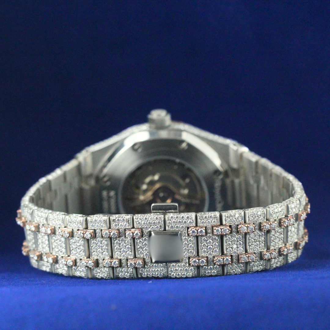 Back view of Rose Gold Bezel Iced-Out Watch for Men with Moissanite diamonds – Custom hip-hop watch