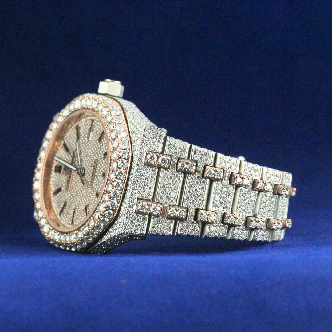Left side view of Rose Gold Bezel Iced-Out Watch for Men with Moissanite diamonds – Custom hip-hop watch