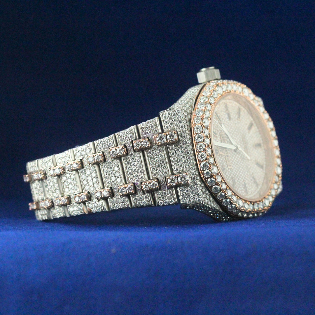 Right side view of Rose Gold Bezel Iced-Out Watch for Men with Moissanite diamonds – Custom hip-hop watch