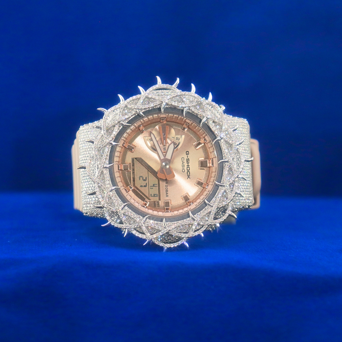 Front view of Rose Thorn Iced Phantom in 14K white gold and moissanite diamonds – fully iced out hip hop custom watch with rose gold and silver accents