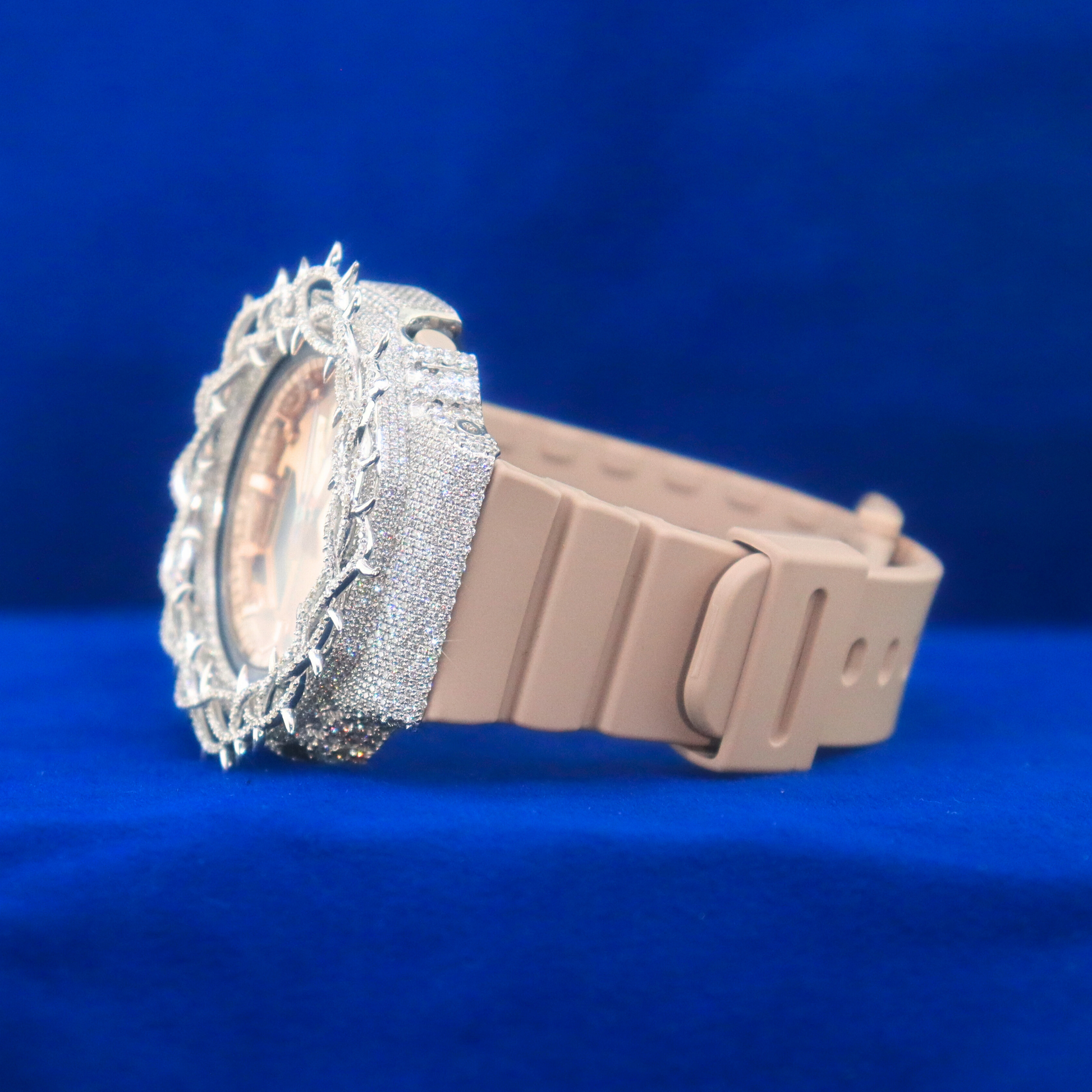 Left view of Rose Thorn Iced Phantom – 14K white gold custom iced-out watch with moissanite diamonds and dual-tone finish