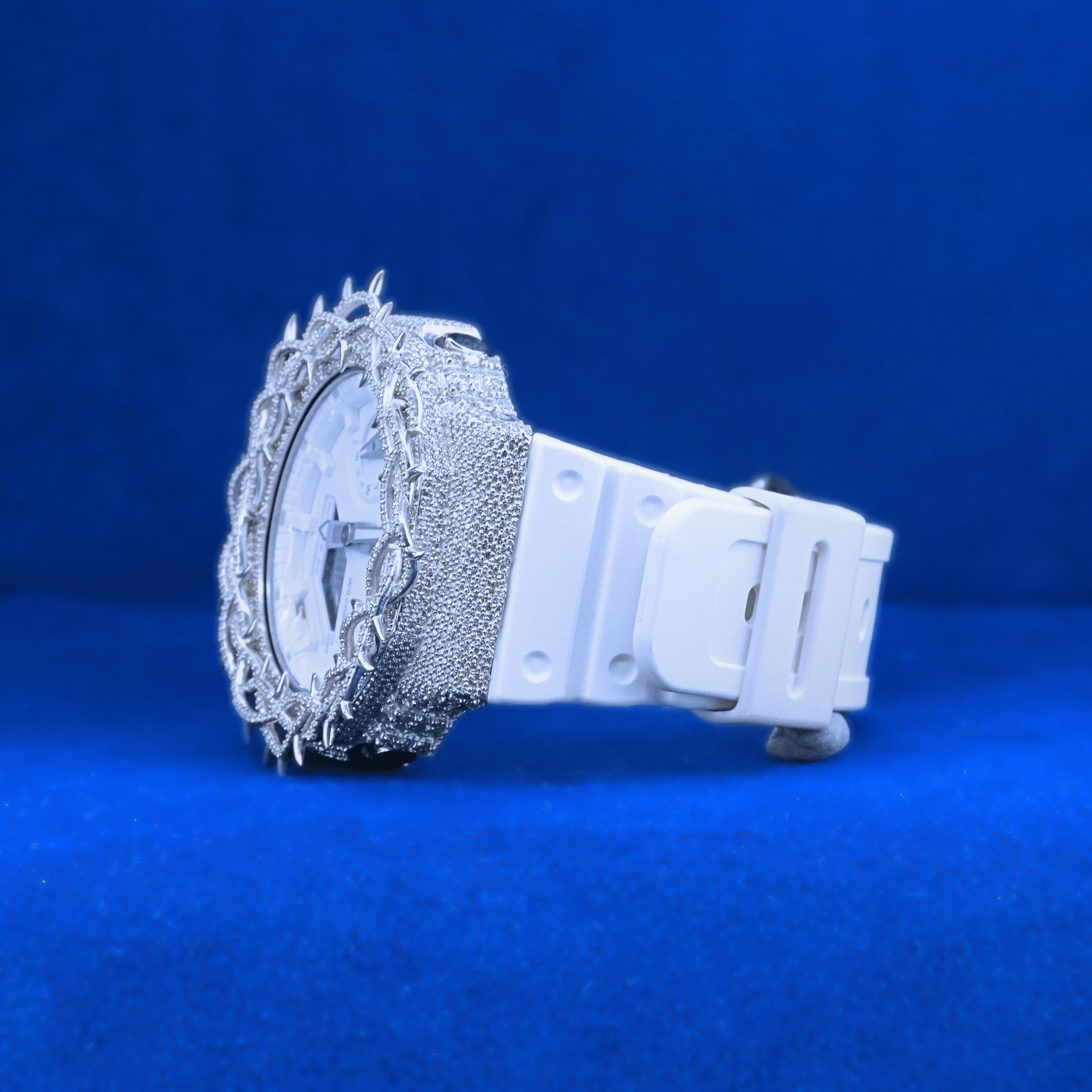 Left-side view of The Royal Frost Phantom custom hip-hop watch, fully iced out with MOISSANITE diamonds.