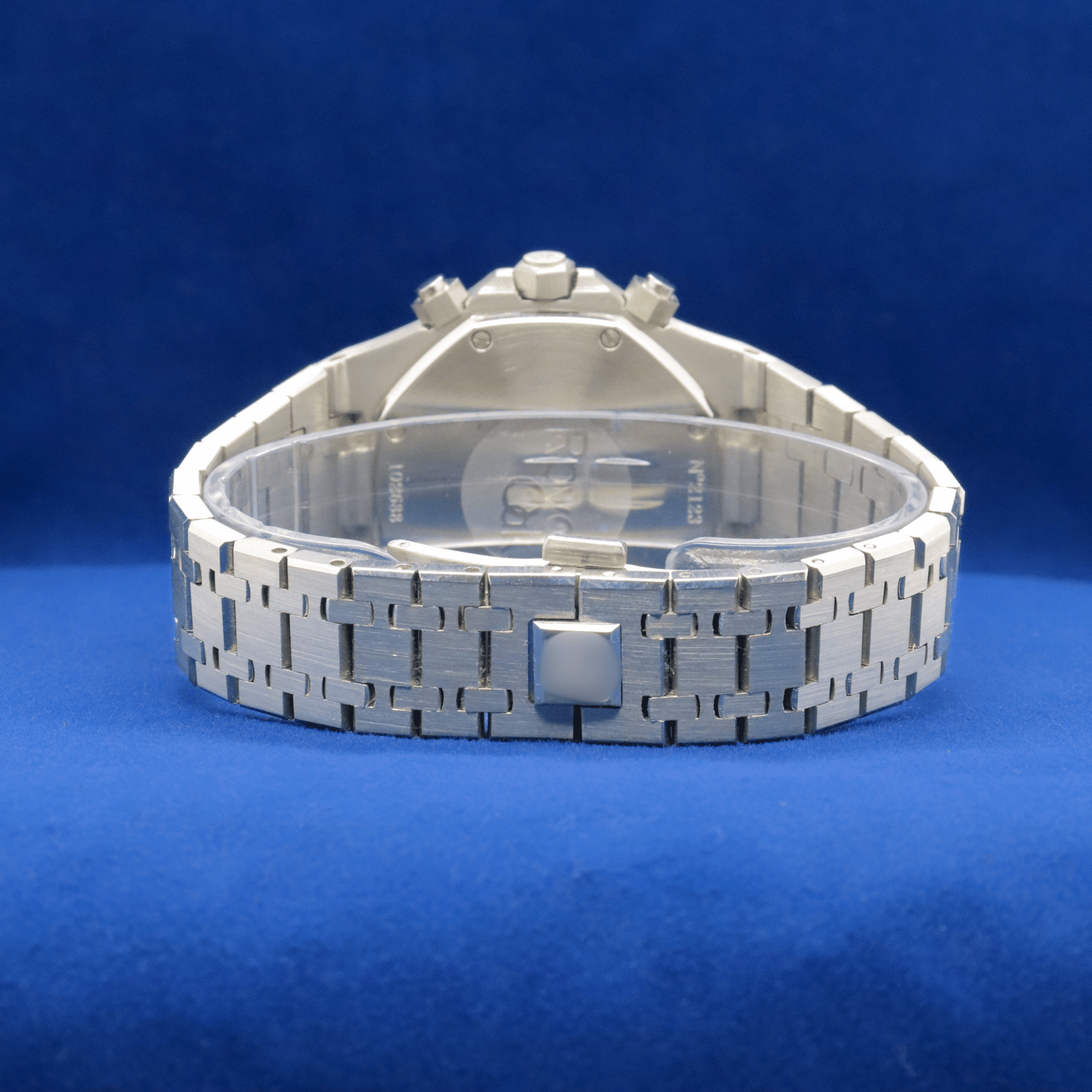 Back view of Royal Green Tapisserie Chrono stainless steel watch, showcasing premium craftsmanship.