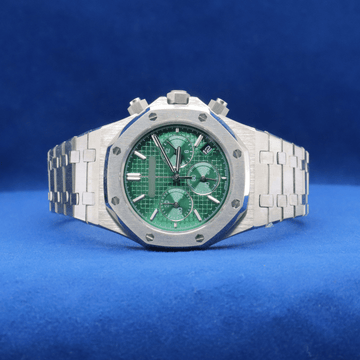 Front view of Royal Green Tapisserie Chrono plain stainless steel watch with a bold and modern design.