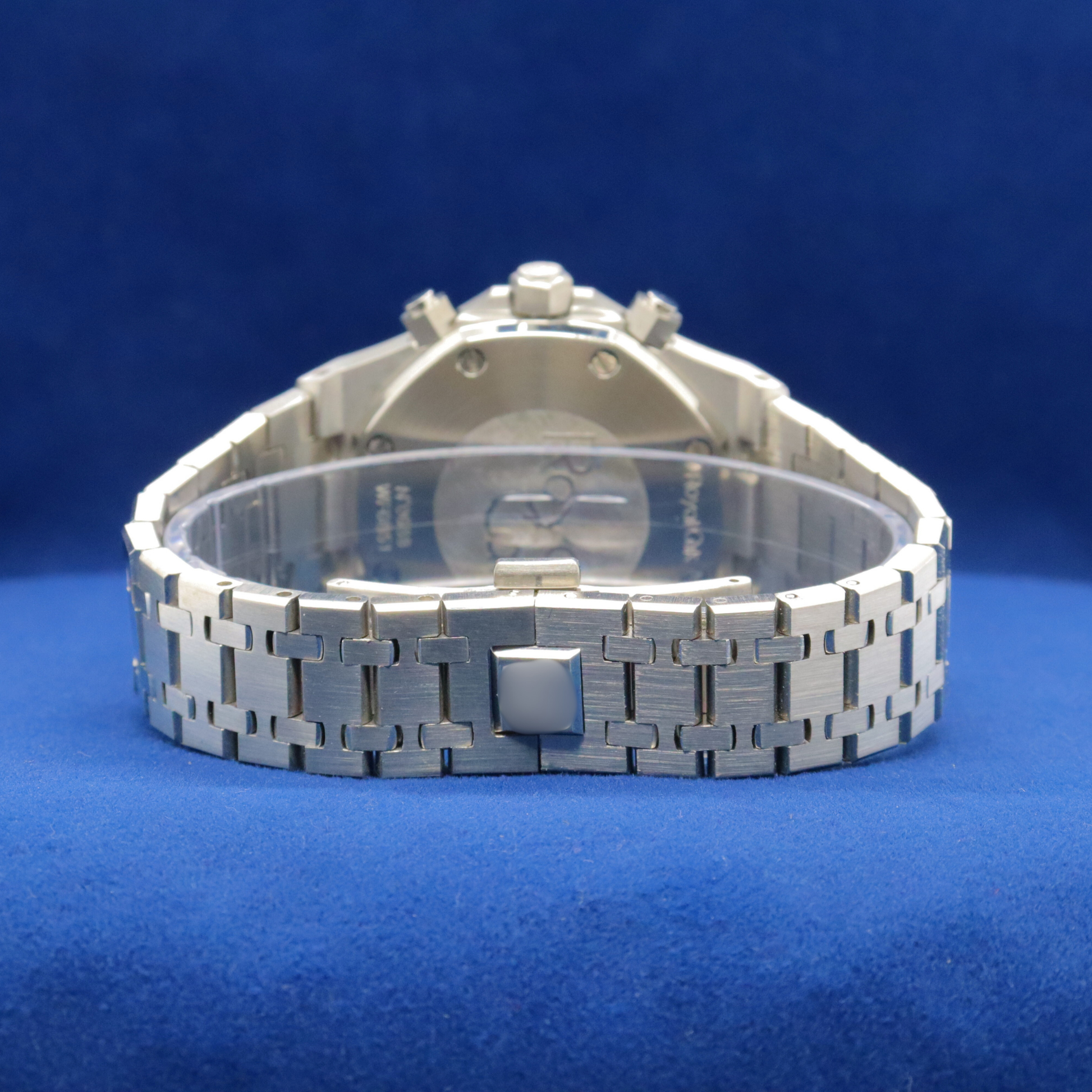 Back view of Royal Ice Blue Precision stainless steel watch, showcasing premium craftsmanship.