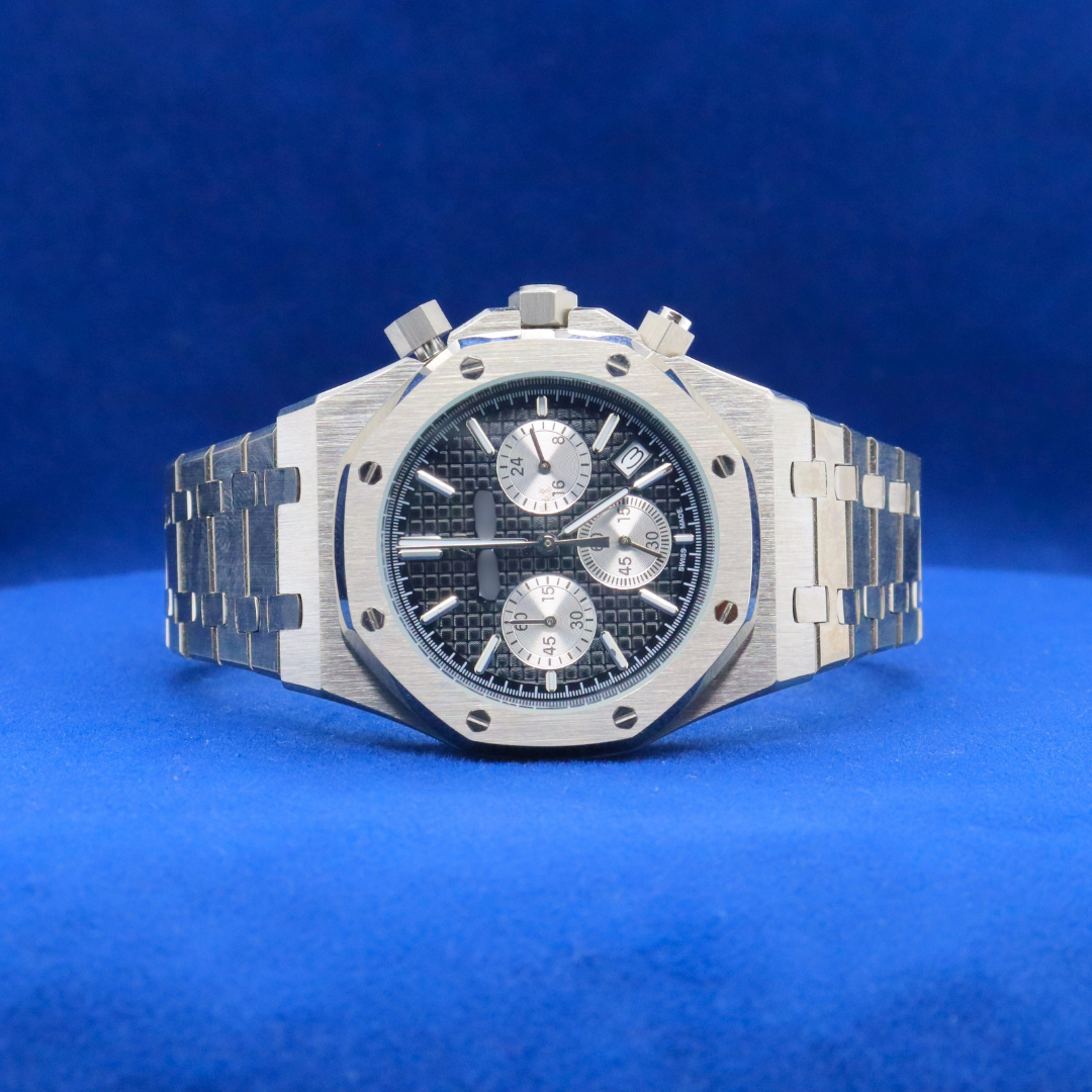 Front view of Shadow Chrono plain stainless steel watch with a bold and modern design.