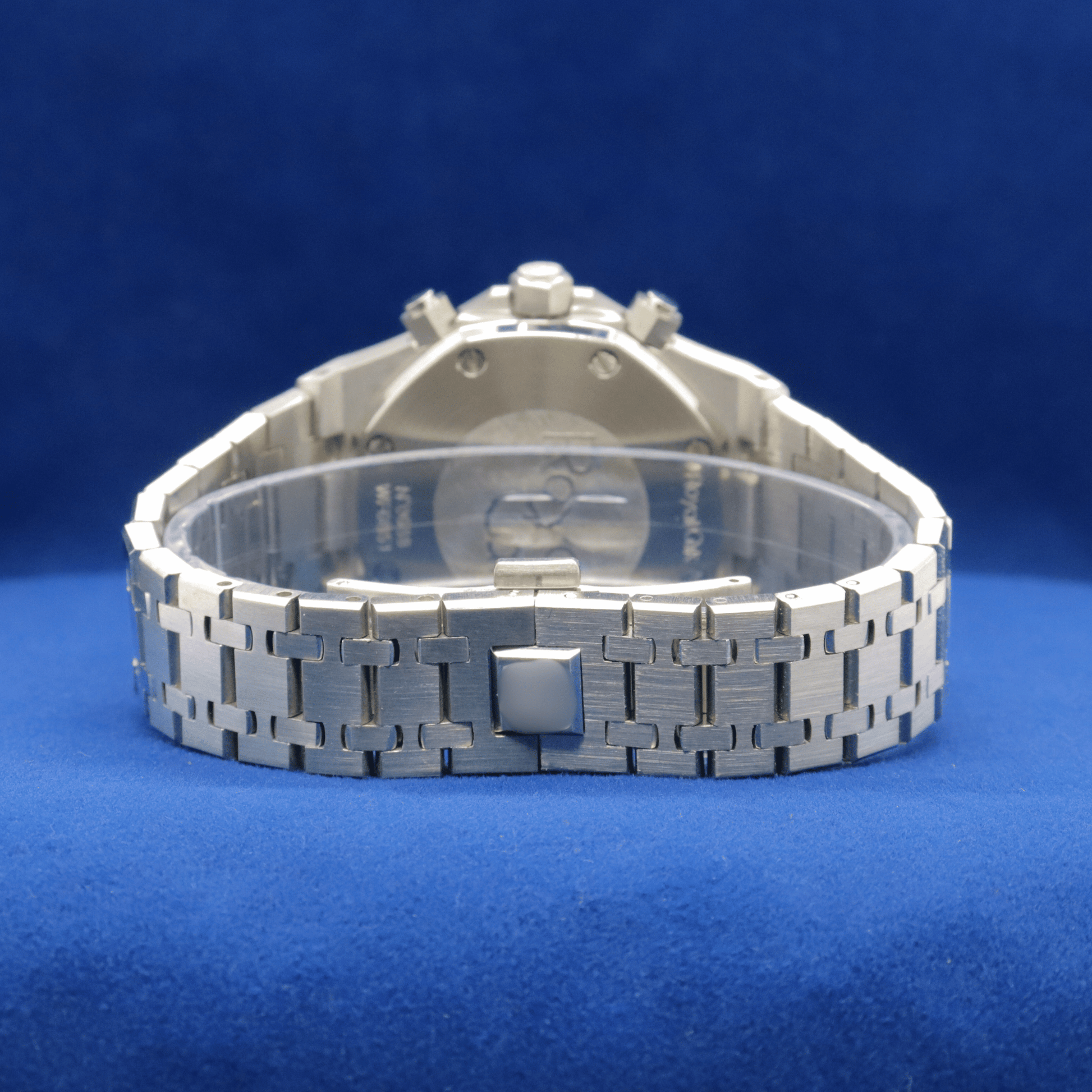 Back view of Silver Steel Blue Chronograph stainless steel watch, showcasing premium craftsmanship.