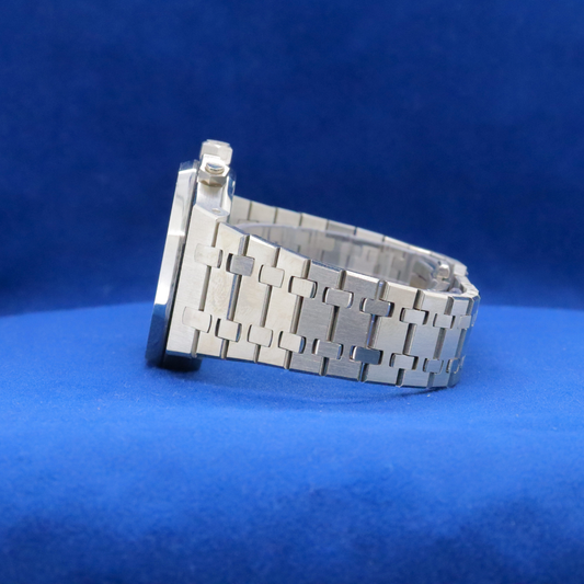 Left-side view of Snowstorm Chrono plain stainless steel watch, built for durability and style.